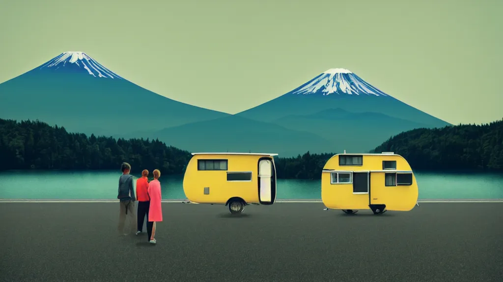 Image similar to an overlook scene of two travellers and their camper, at the edge of yamanaka lake reflecting mount fuji overcast sky, a collage painting, in the style of wes anderson, lola dupre, david hockney, isolated on negative white space background dark monochrome neon spraypaint accents volumetric octane render