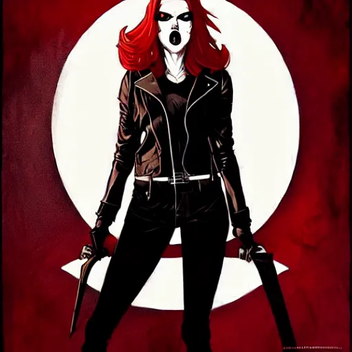 Image similar to rafael albuquerque comic art, peter mohrbacher, steve niles, artgerm, pretty scarlett johansson vampire sharp vampire teeth open mouth, symmetrical eyes, black leather jacket, jeans, long blonde hair