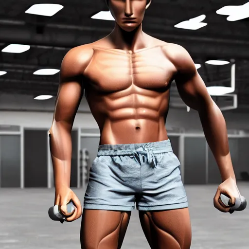 Image similar to a realistic detailed photo of a guy who is an attractive humanoid who is half robot and half humanoid, who is a male android, attractive and handsome jogger, shiny skin, posing like a statue, blank stare, in a factory, on display, showing off his muscles, wearing gym shorts, side view, looking at each other mindlessly