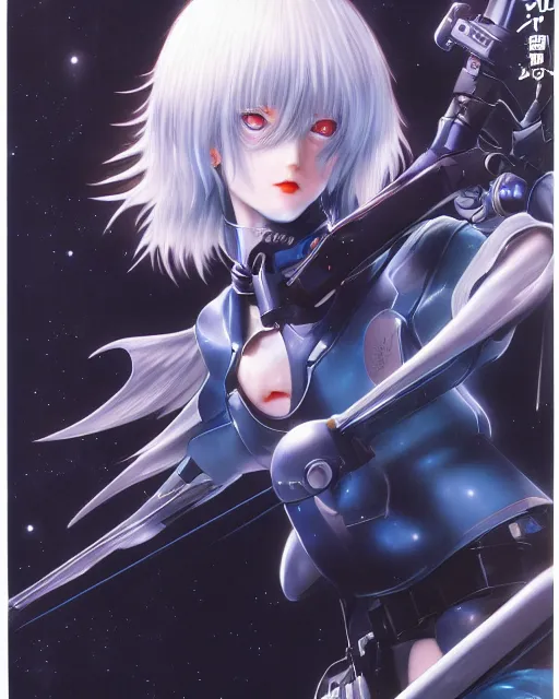 Image similar to rei ayanami by noriyoshi ohrai, hd, hyper detailed, dark, sky, half moon, dark atmosphere, 4 k