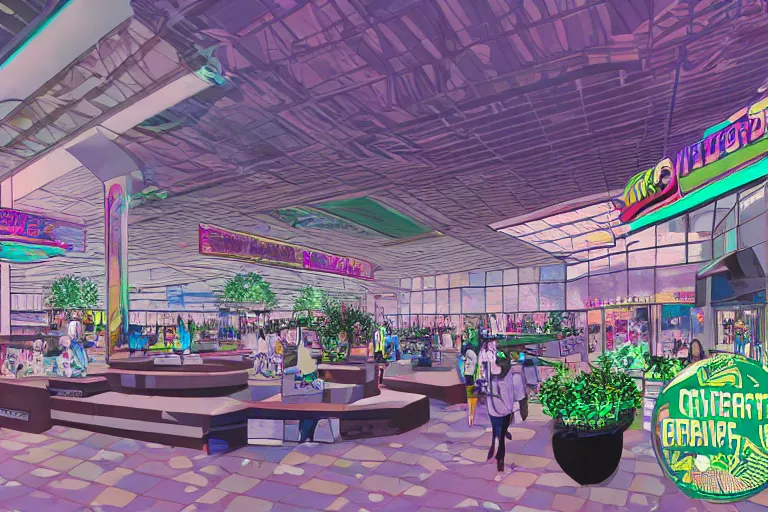 Image similar to overgrown vaporwave 9 0's mall food court converted into a sanctuary by cybernetic cult, concept art
