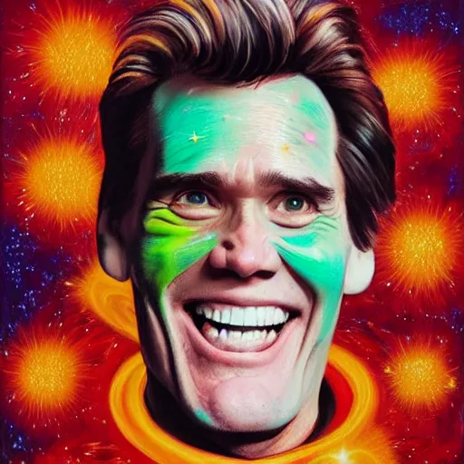 Prompt: jim carrey big smile exploding head, cosmic starfield background oil painting masterwork trending on artstation