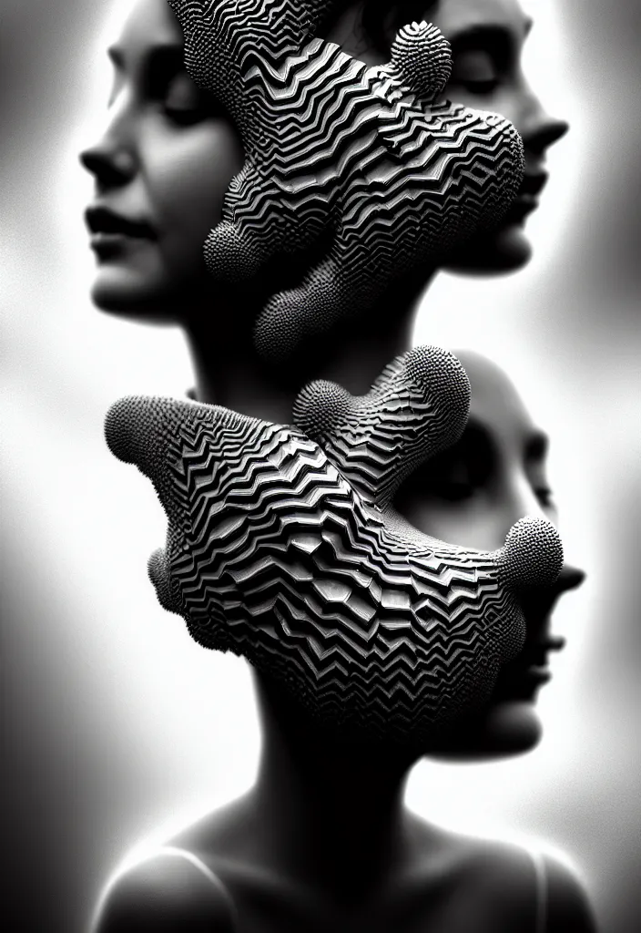 Image similar to one young beautiful woman with eyes closed, with a mandelbulb mask. fractal, speed painting, scribble art, octane render, portrait. behance, artstation, black and white. intricate detail, beautiful, moody, cinematic. futurism, Unreal Engine, photorealistic.