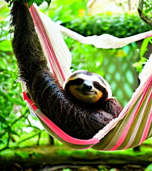 Prompt: a photograph of a sloth resting in a hammock in his garden, nature photography, sharp focus, long focal length