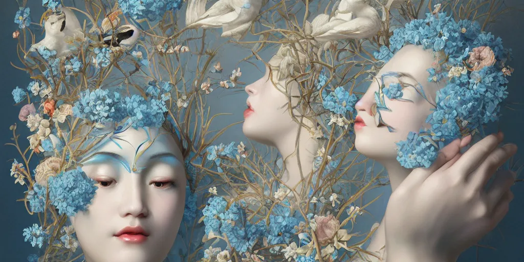 Image similar to breathtaking detailed concept art painting art deco pattern of blonde faces goddesses amalmation light - blue flowers with anxious piercing eyes and blend of flowers and birds, by hsiao - ron cheng and john james audubon, bizarre compositions, exquisite detail, extremely moody lighting, 8 k