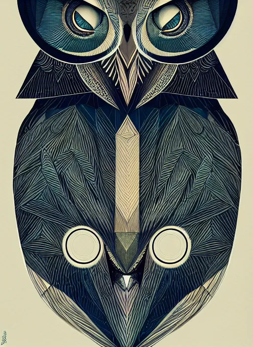 Image similar to portrait of a geometric owl, identical eyes, medium shot, illustration, full body made of white feathers, symmetrical, art stand, super detailed, cinematic lighting, and its detailed and intricate, gorgeous, by peter mohrbacher