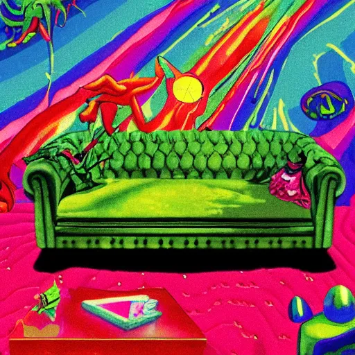 Image similar to couch sofa chesterfield flying through space psychedelic trippy eldritch horror cartoon