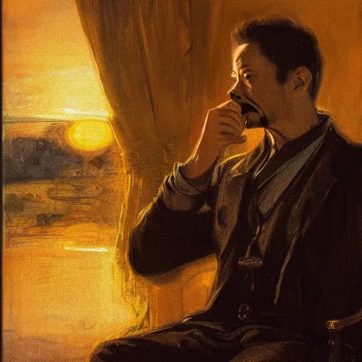 Prompt: oil painting of tony stark wiping his glasses, sitting in an armchair in a room with the setting sun, by rembrandt golden hour