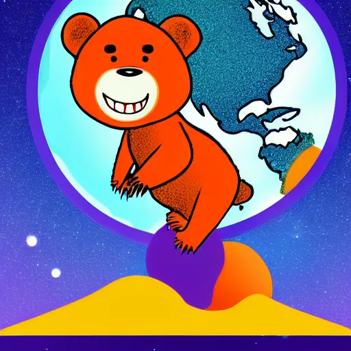 Image similar to cartoon animated illustration of a bear mascot being launched from a futuristic marble planet, purple and orange cloudland