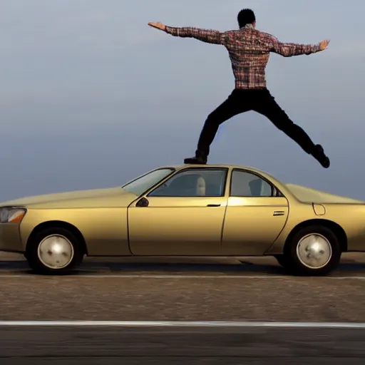 Prompt: man jumping on a flying car