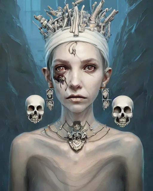 Image similar to portrait of a bone queen, bone crown, skull earings, bone dress, stephen bliss, unreal engine, by greg rutkowski, loish, rhads, makoto shinkai and lois van baarle, ilya kuvshinov, rossdraws, global illumination, radiant light, detailed and intricate environment