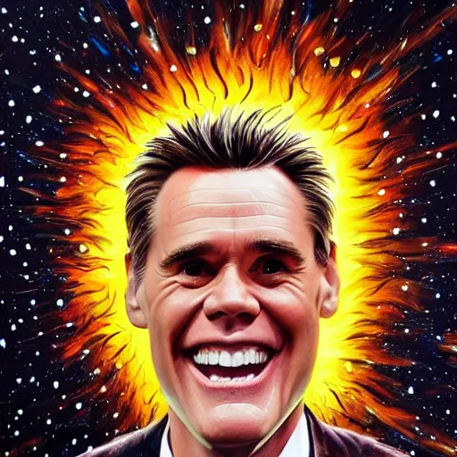 Image similar to jim carrey big smile exploding head, cosmic starfield background oil painting masterwork trending on artstation