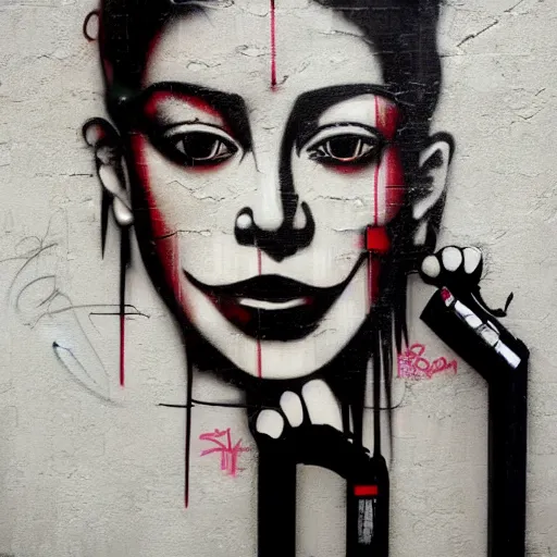 Prompt: beautiful female graffity, close up face, by Banksy, trending on Artstation