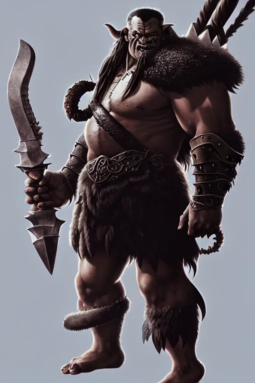 Image similar to orc barbarian wearing leather armor, full body shot, exquisite details, earth magic, mid view, design on a white background, by studio muti, greg rutkowski, makoto shinkai, takashi takeuchi, studio ghibli