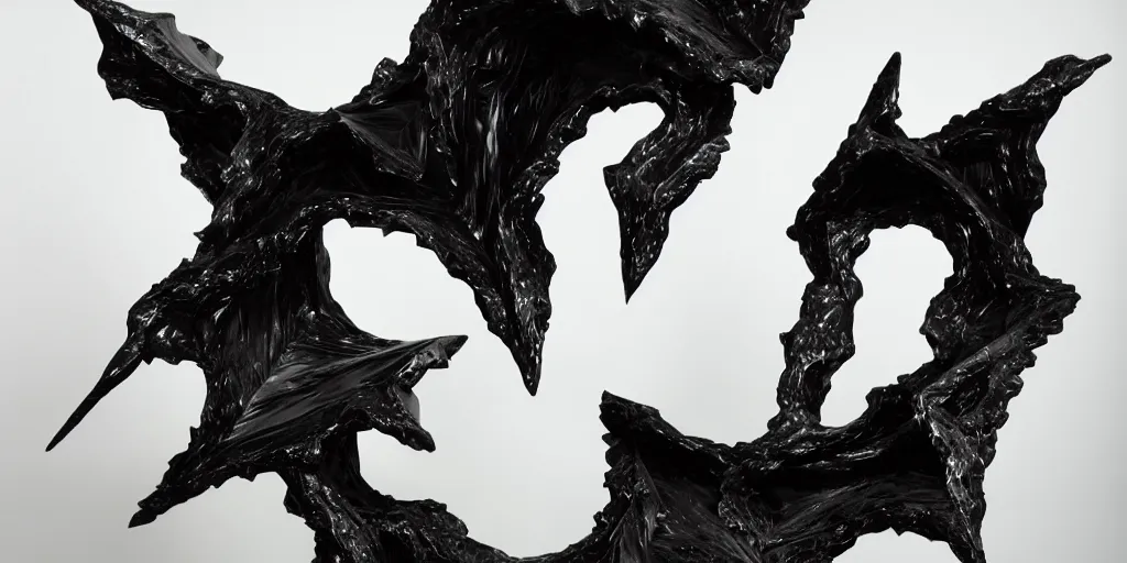 Prompt: ASYMMETRICAL irregular brutalist black-metal winged sculpture made of glossy black liquid latex and industrial hardware, jagged spiraling shapes, strange angles and spidery edges, designed by nancy grossman, anish kapoor, herman nitsch, 8k, hyperrealistic, hyper-detailed, highly textured, gloss finish, dark volumetric lighting