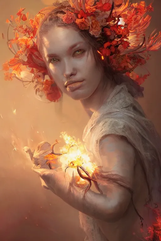 Image similar to beautiful girl necromancer, witch - doctor exploding into flowers, angels, 3 d render, hyper - realistic detailed portrait, holding fire and electricity, ruan jia, wlop. scifi, fantasy, magic the gathering, hyper detailed, octane render, concept art, peter mohrbacher