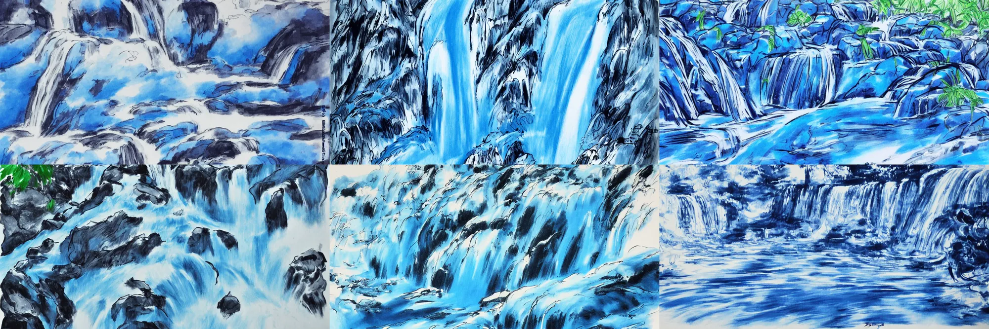 Prompt: an endless waterfall, blue colour splash, painted with a thin brush, detailed sumi-e illustration