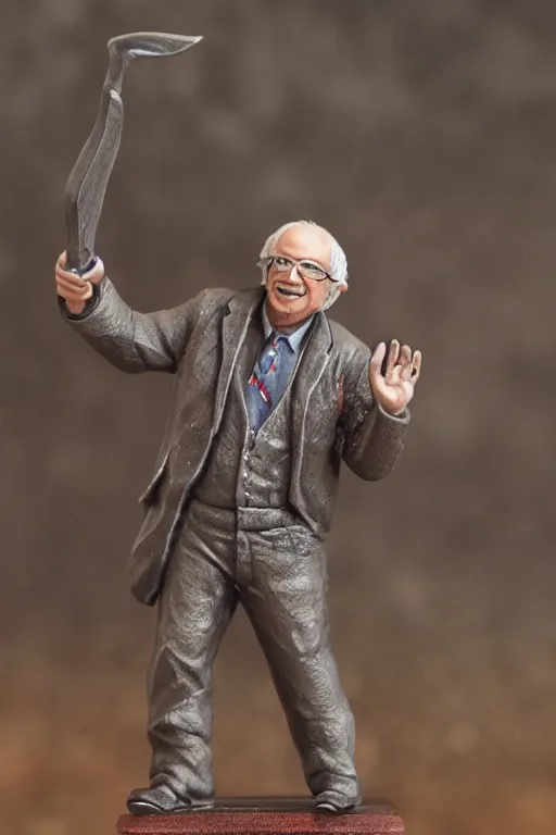 Image similar to a resin miniature of Bernie Sanders in Warhammer, miniature product photo, full body, on textured disc base, 4K, HD