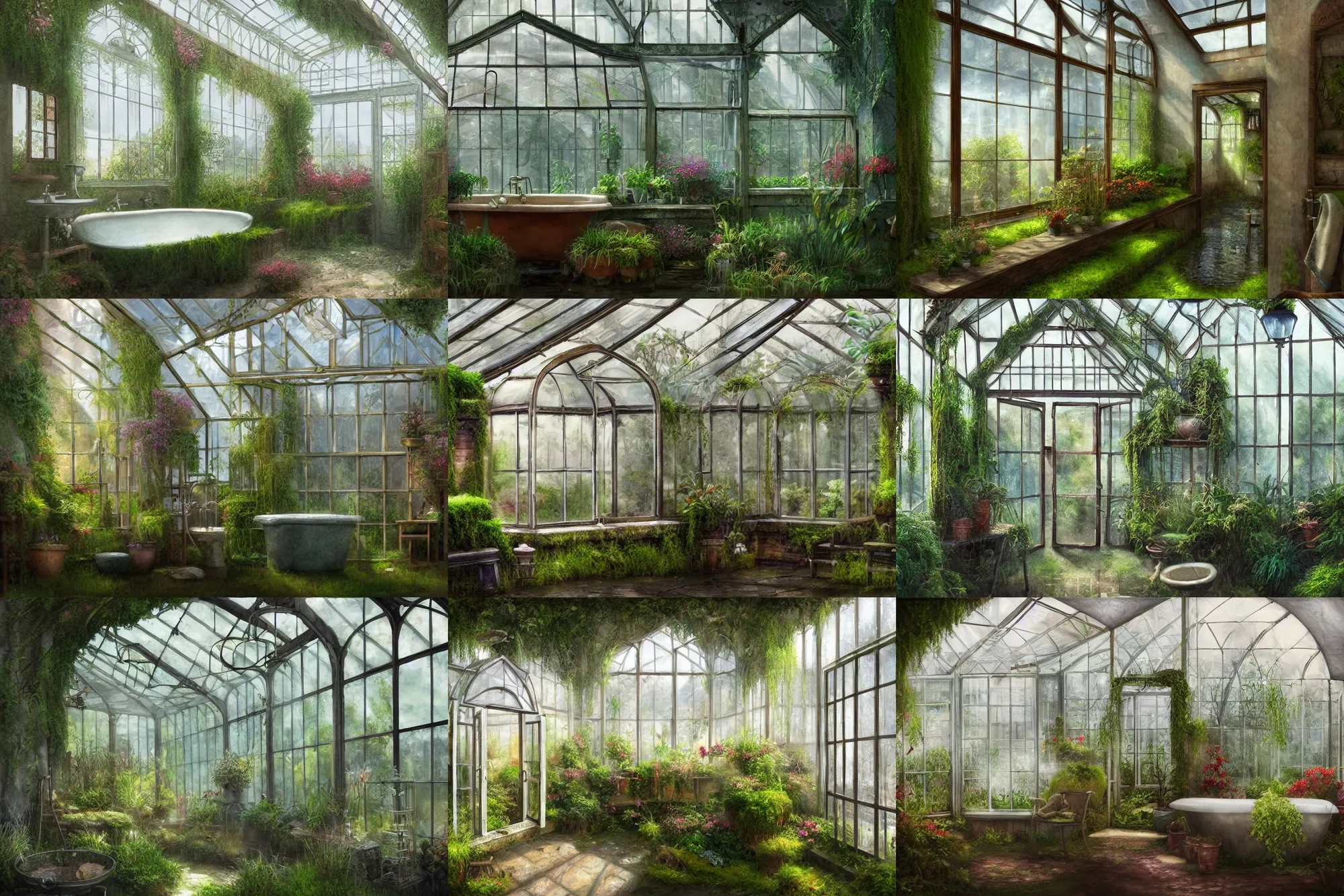 Prompt: traditional bathroom!!!! greenhouse! misty, soft reflections, glass windows, plants, moss, dramatic lighting, highly detailed, intricate, digital art, digital painting, atmospheric, vibrant colors, godrays, fantasy, artstation