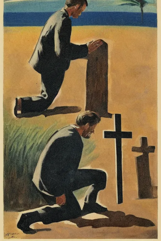 Image similar to man kneeling at the base of a wooden cross, 1960’s advertising art illustration