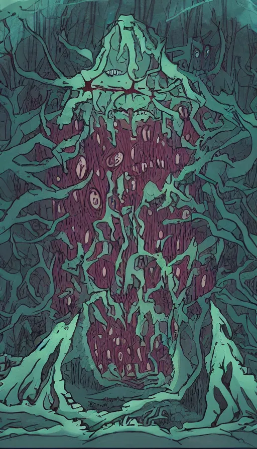 Image similar to a storm vortex made of many demonic eyes and teeth over a forest, by rebecca sugar