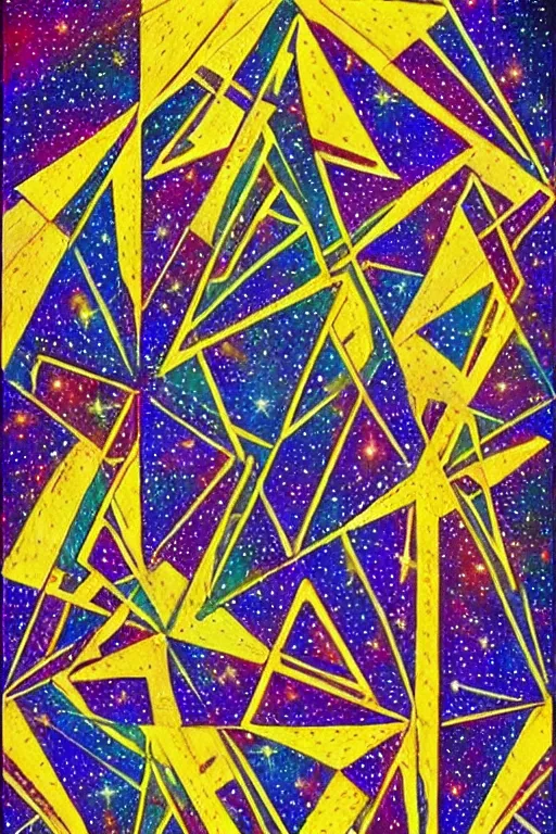 Image similar to visionary art of triangles within triangles of golden light floating in outer space full of stars and galaxies, showing an entrance to another dimension full of light and spiritual joy, elegance and vertical symmetry