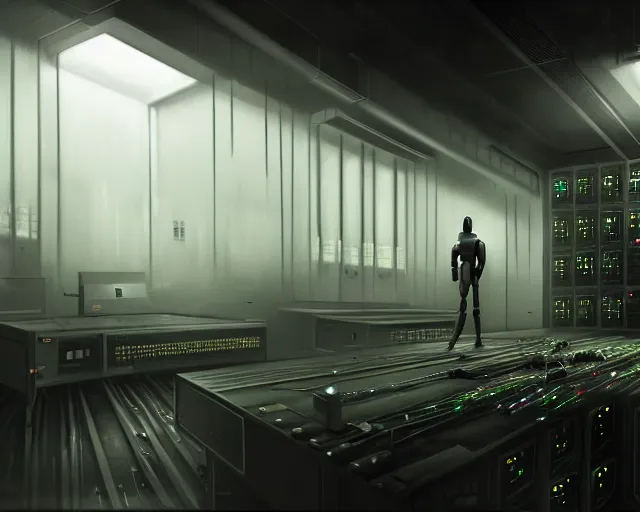 Image similar to gloomy colossal ruined server room in datacenter robot figure automata headless drone robot knight welder posing pacing fixing soldering mono sharp focus, emitting diodes, smoke, artillery, sparks, racks, system unit, motherboard, by pascal blanche rutkowski artstation hyperrealism cinematic dramatic painting concept art of detailed character design matte painting, 4 k resolution blade runner