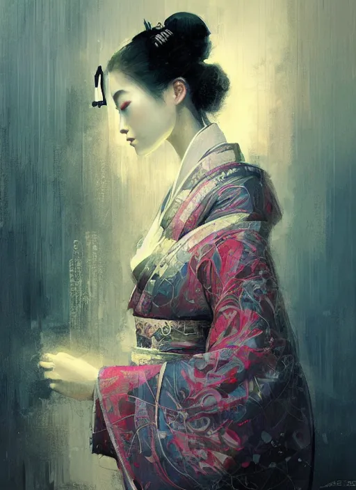 Prompt: female geisha girl, beautiful face, rule of thirds, intricate outfit, spotlight, colourful, by greg rutkowski, by jeremy mann, digital painting