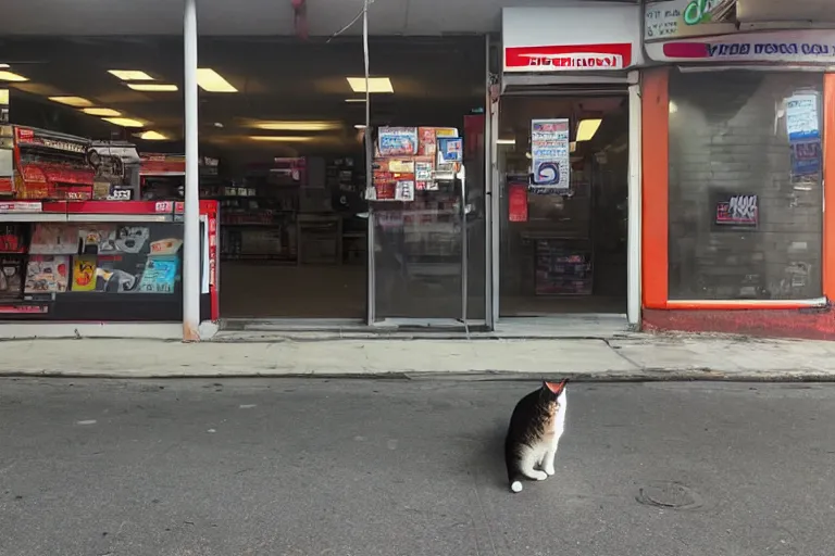 Image similar to cat smoking a cigarette in 7 - eleven wide angle lens