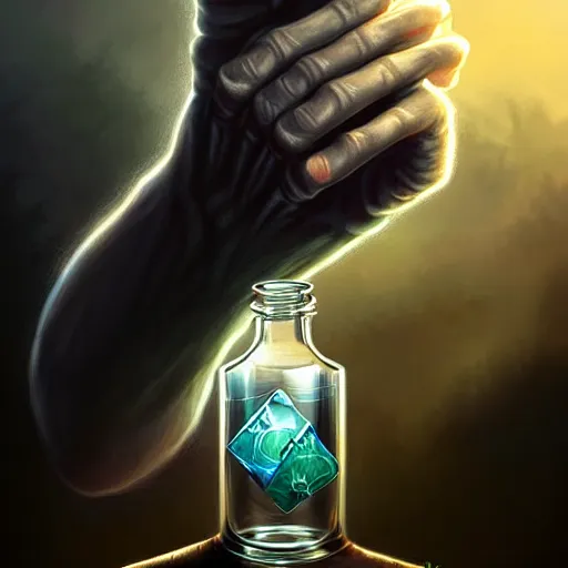 Prompt: detailed digital art focused on a normal hand holding a single tiny unlabeled clear medicine bottle half-full of mysterious black liquid; magic the gathering art by Volkan Baga, rk post, Lindsey Look, artstation