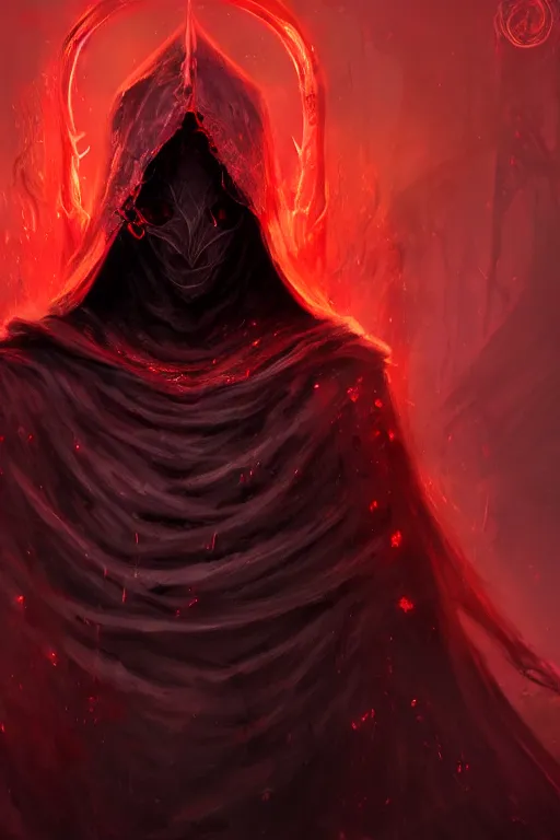 Prompt: A full body portrait of a mysterious character with no face with a very long hooded blood red and black cloak, a golden crown floating above his head tentacles coming out the ground art by James Paick, and Shaddy Safadi, ominous, cosmic horror, trending on artstation, Ultra detailed, hyper realistic 4k