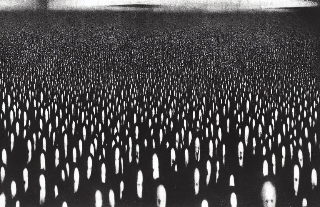 Image similar to concentration camps intact flawless ambrotype from 4 k criterion collection remastered cinematography gory horror film, ominous lighting, evil theme wow photo realistic postprocessing value contrast is used to focus our attention on the subject tragedy yayoi kusama installation