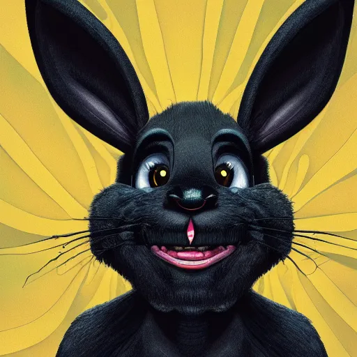 Image similar to A extremely highly detailed majestic hi-res beautiful, highly detailed head and shoulders portrait of a scary terrifying, horrifying, creepy black cartoon rabbit with scary big eyes, laughing in the style of Walt Disney