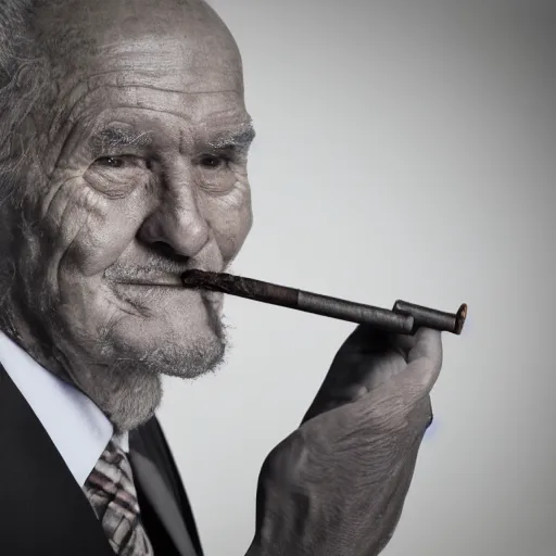 Image similar to Studio photo close up of an old man wearing a suit and smoking a pipe, battered by life, 4k HDR, sigma 85mm f/1.4, atmospheric lighting