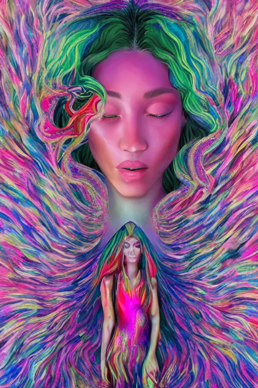 Image similar to overdetailed maximalist fullbody portrait of a beautiful female energy being transcending to her true form while floating over a surreal landscape. Made by oozium, inspired by silvio vieira, overpainted by loish. 8k 3d realistic render. Bright, sacred, spiritual, dawn, backlit, calm, relaxed, dynamic, ethereal, arcane, intricate, mysterious, dramatic, cinematic. Seen from below. Overpaint by phazed and erica robin. Artstation, deviantart, vagallery.com