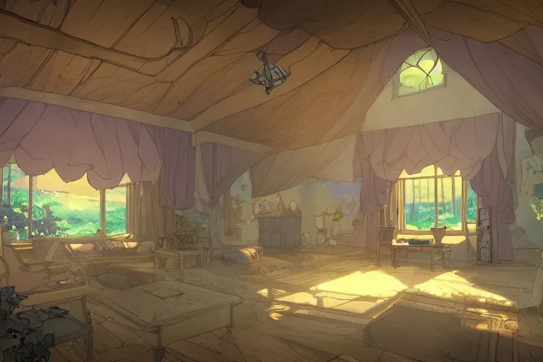 Prompt: interior wide angle shot of a fantasy countryside villa in the style of studio ghibli, moebius, makoto shinkai, dramatic volumetric lighting