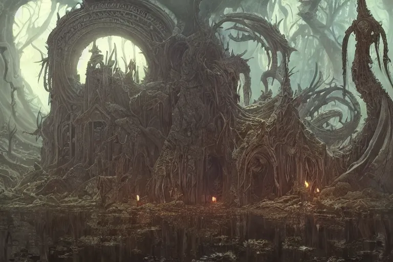 Image similar to a lovecraftian painting of a demonic shrine, occult, moster summoning, warlocks ritual, cosmic horror elements, ultra realistic, concept art, intricate details, eerie, highly detailed, photorealistic, octane render, 8 k, unreal engine. art by artgerm and greg rutkowski and alphonse mucha