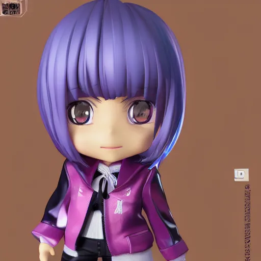 Image similar to portrait of a anime and chibi very cute doll with purple jacket design by antonio mello, nendoroid, kawaii, cyberpunk fashion, character modeling, toy design, substance 3 d painter, vray, soft vinyl, trending in artstation