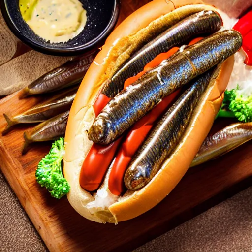 Image similar to photo shoot portrait of a delicious hot dog with whole sardines, broccoli, ketchu and mustard, detailed, uhd, 8k,