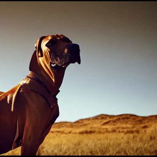 Prompt: “Rhodesian ridgeback dressed as a sheriff in west world, 4k, humorous, cinematic”