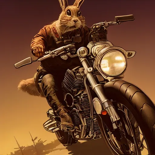 Image similar to highly detailed portrait of a biker rabbit in gta v, stephen bliss, unreal engine, fantasy art by greg rutkowski, loish, rhads, ferdinand knab, makoto shinkai and lois van baarle, ilya kuvshinov, rossdraws, tom bagshaw, global illumination, radiant light, detailed and intricate environment