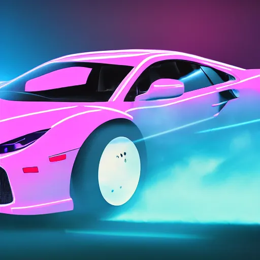 Image similar to synthwave poster of sports car in bland plains, with blue fog, purple fog, pink fog in the background and laser neon trims