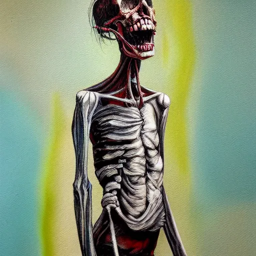 Image similar to death-camp-survivor-super-skinny-emaciated-horribly-skinny-Laughing-Cheerfully painting by Thomas-Montacellinio