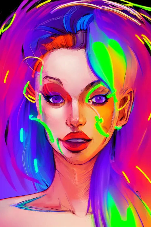 Image similar to a award winning portrait of a beautiful woman with stunning eyes in a one off shoulder crop top and cargo pants with rainbow colored hair, outlined by whirling illuminated neon lines and fine lines swirling in circles by greg tocchini, digital art, trending on artstation