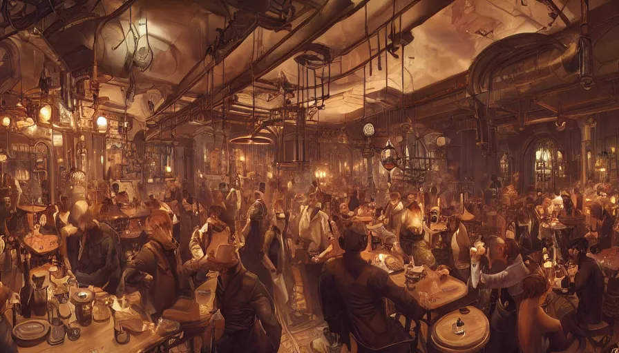 Prompt: Interior of a steampunk crowded restaurant with smoking machines, hyperdetailed, artstation, cgsociety, 8k