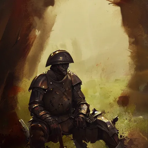 Image similar to landscape, portrait painting beautiful realism, a soldier in armor who was sprawled out was about to rise, his face covered in blood. cinematic scene, good lighting, fine art, trending on artstation, smooth draw, sharp focus.