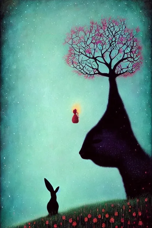 Image similar to surreal, black rabbits, nostalgia for a fairytale, magic realism, flowerpunk, mysterious, vivid colors, by andy kehoe