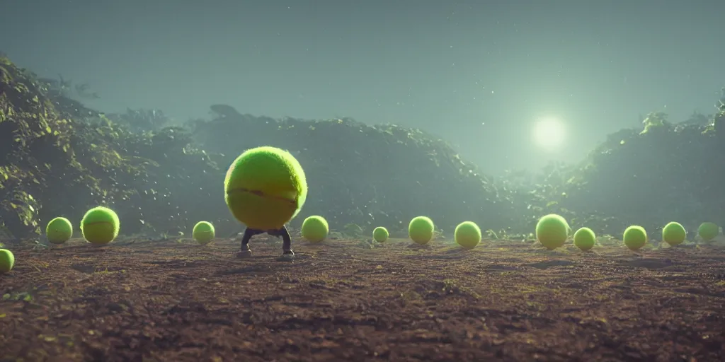 Image similar to a cinematic poster photo of 8 k ultra realistic tennis ball monsters, exotic, cinematic lighting, trending on artstation, 4 k, hyperrealistic, focused, high details, unreal engine 5, cinematic, alien planet atmosphere in background, 3 d render by beeple