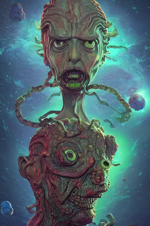 Image similar to rick and morty fused with a lovecraft space zombie, photo, portrait, 3d, high details, intricate details, by vincent di fate, artgerm julie bell beeple, 90s, Smooth gradients, octane render, 8k, volumetric lightning, High contrast, duo tone, depth of field, very coherent symmetrical artwork