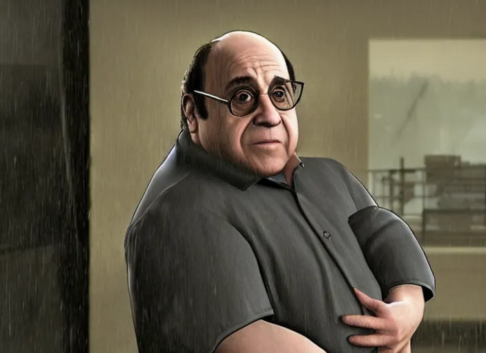 Image similar to video game still of danny devito in the video game heavy rain,